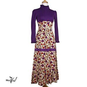 Vintage 70s Maxi Dress Purple Top with Ruffled Flower Skirt XS B32 W24 - Hey Viv
